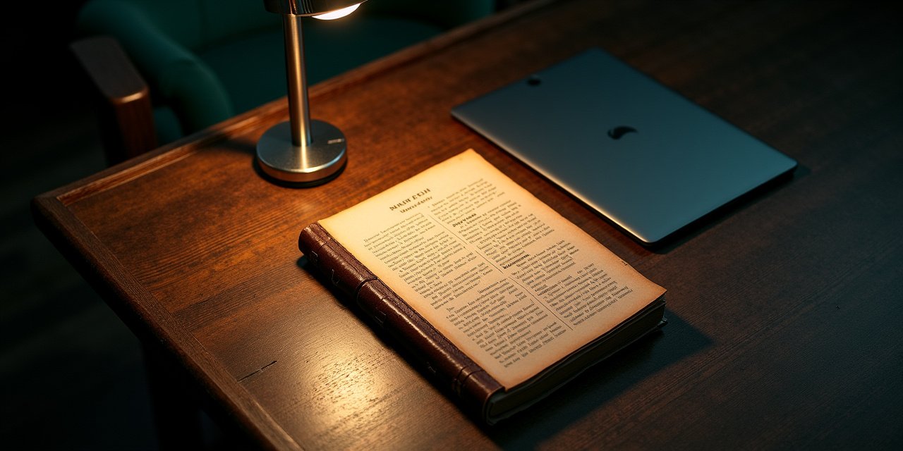 A weathered leather ledger beside a glass tablet on a dark boardroom table