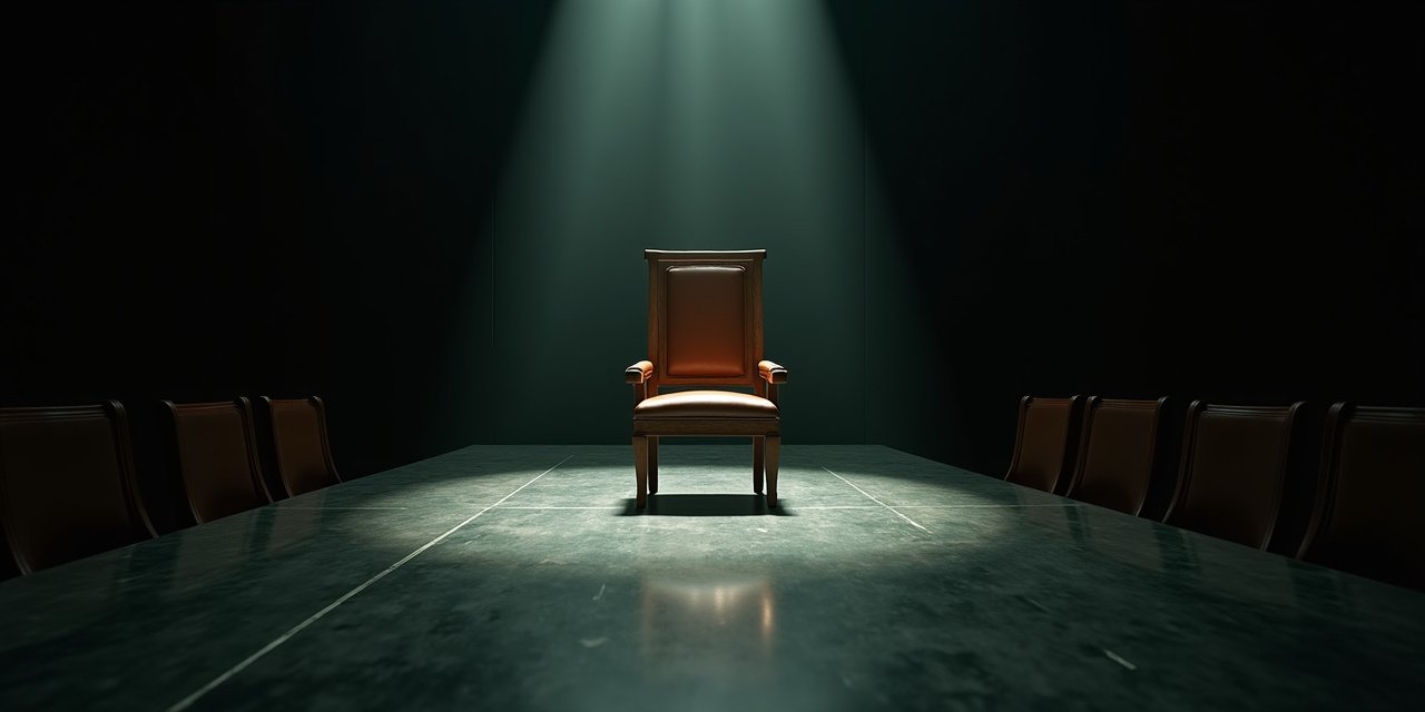 A single worn chair at the head of an empty dark boardroom table with a returning shaft of silver light