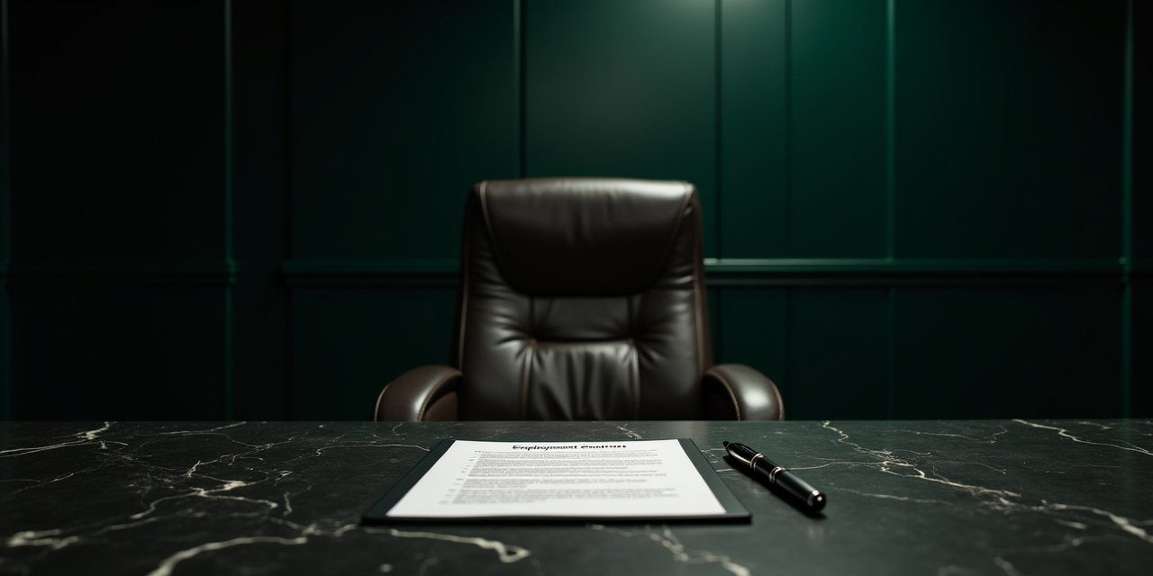 A leather executive chair at the head of a dark boardroom table with a closed employment contract and fountain pen resting before it, a second smaller chair positioned just behind and to the side
