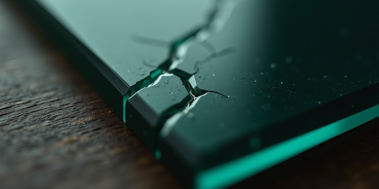 A hairline crack spreading across a dark glass panel on a wooden desk