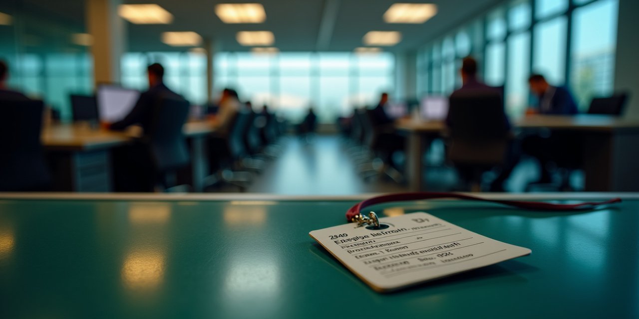 A worn employee badge left on an empty desk in a mostly empty open-plan office
